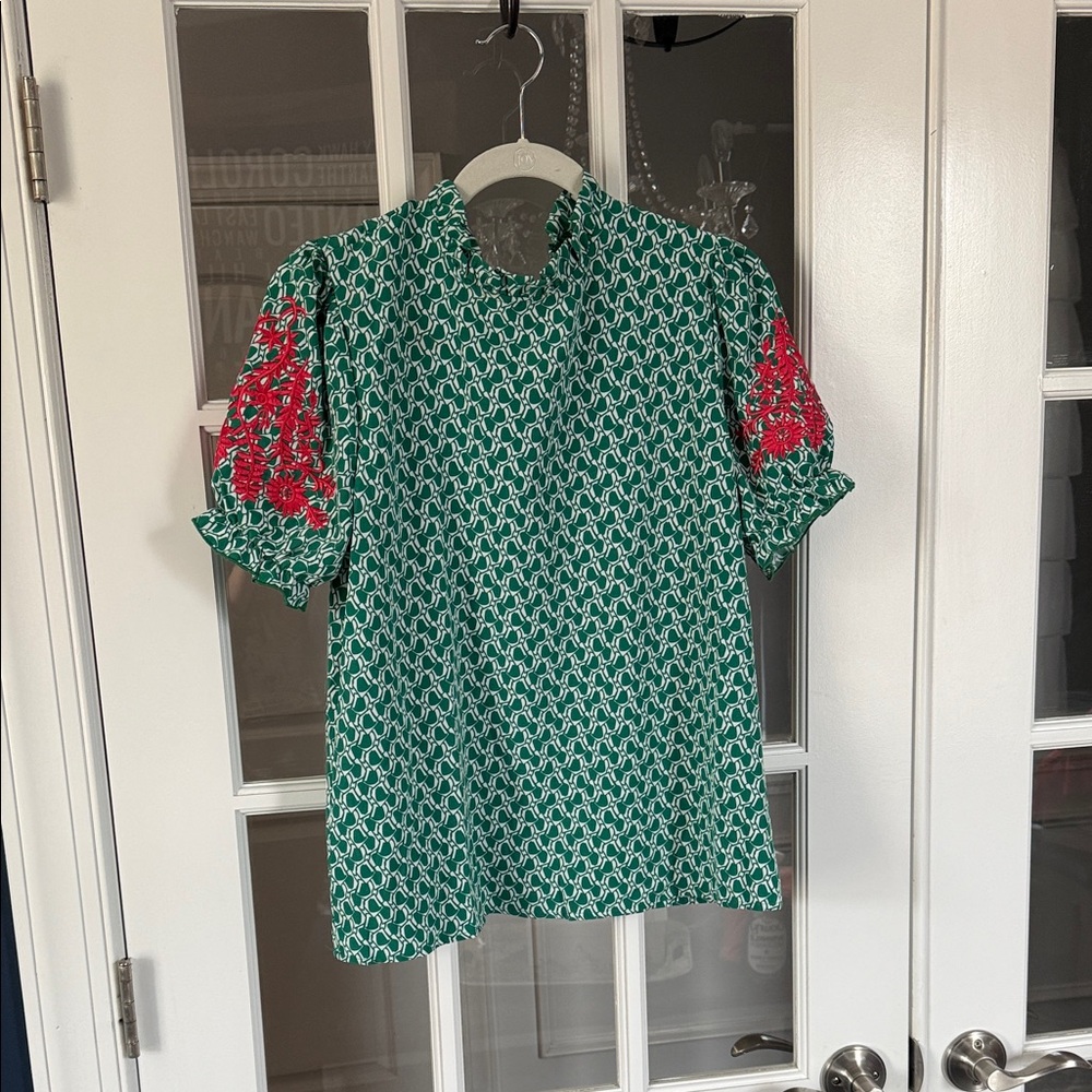 SHEIN Green and Red Patterned Blouse